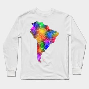 Colorful mandala art map of South America with text in multicolor pattern Long Sleeve T-Shirt